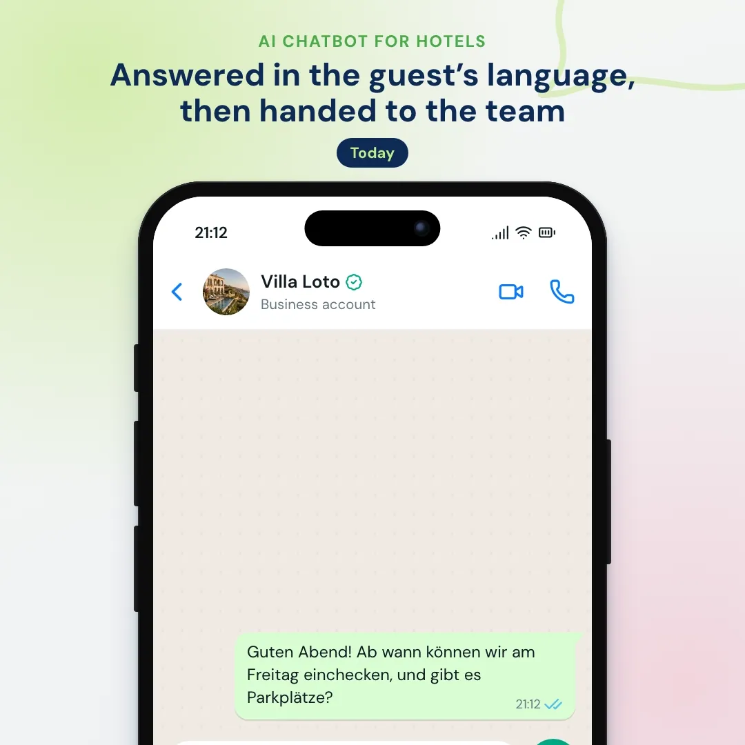 AI hotel chatbot on WhatsApp answering a guest in German about check-in and parking, then handing a flowers request to the front office