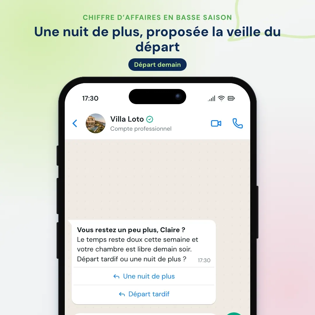 Offre WhatsApp d’un hôtel en basse saison : une nuit de plus ou un départ tardif la veille du départ ; la cliente reste une nuit supplémentaire