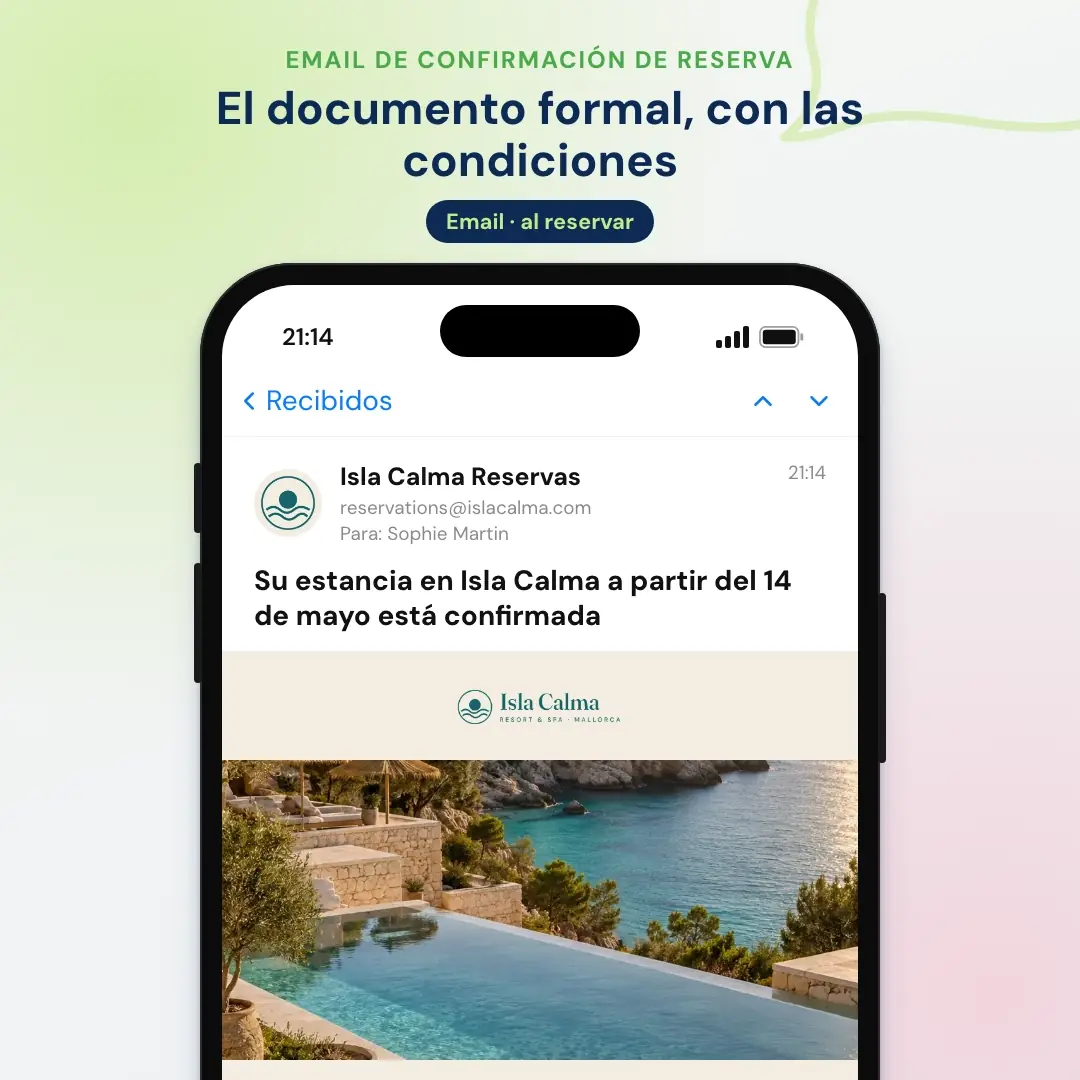 Ejemplo de email marketing para hoteles: el email de confirmación de reserva de un resort de Mallorca, abierto en una app de correo en el móvil