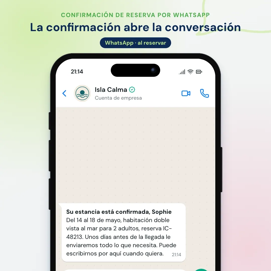 Ejemplo de email marketing para hoteles llevado a WhatsApp: la confirmación de reserva como mensaje de WhatsApp; la clienta pregunta por el parking y la IA responde