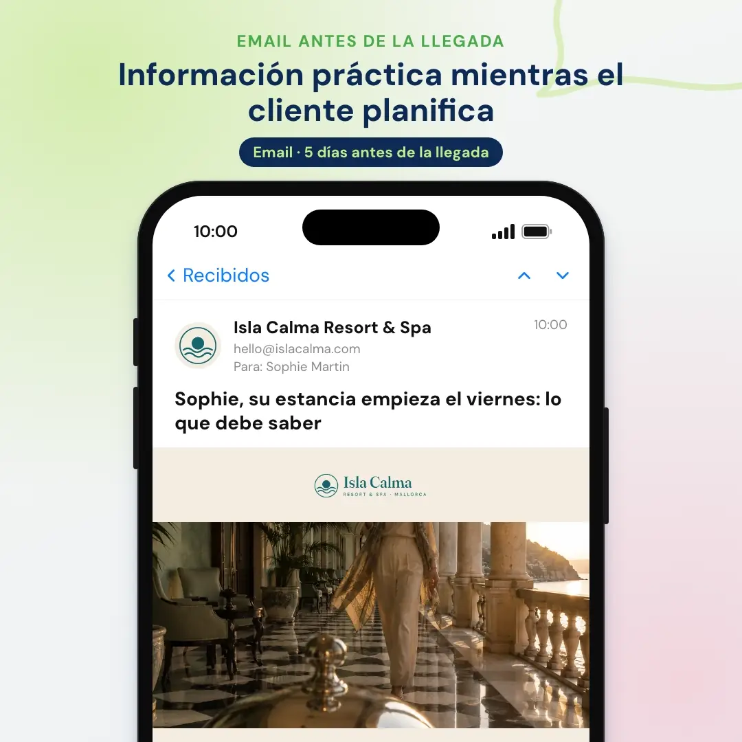 Ejemplo de email marketing para hoteles: el email antes de la llegada de un resort de Mallorca, abierto en una app de correo en el móvil