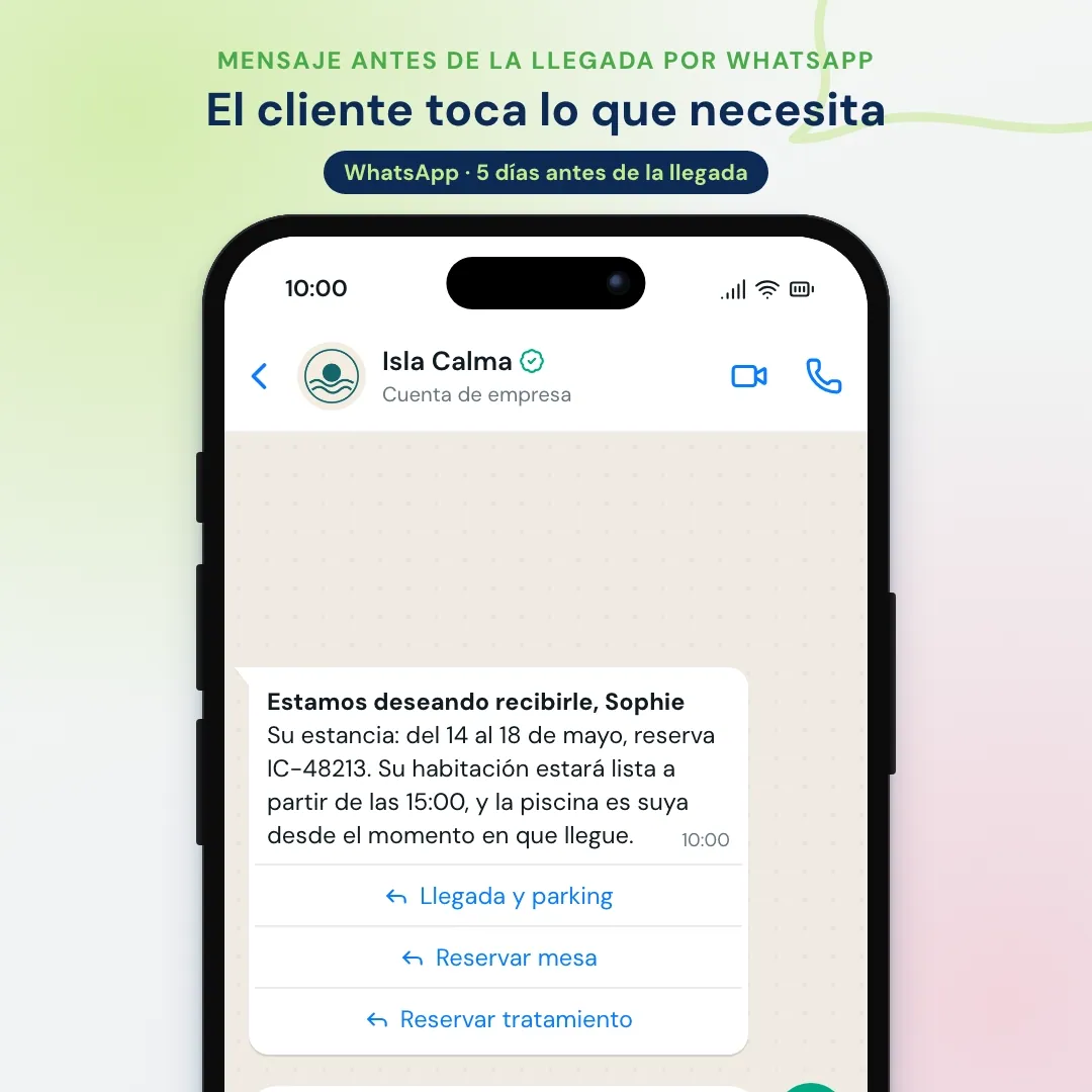 Ejemplo de email marketing para hoteles llevado a WhatsApp: el mensaje antes de la llegada en WhatsApp con tres botones; la clienta pregunta por el equipaje y recepción responde