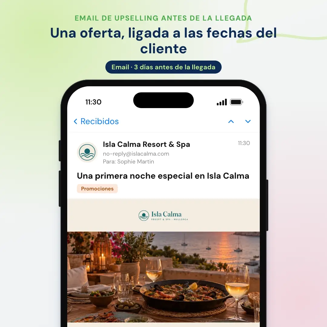 Ejemplo de email marketing para hoteles: el email de upselling antes de la llegada de un resort de Mallorca, abierto en una app de correo en el móvil