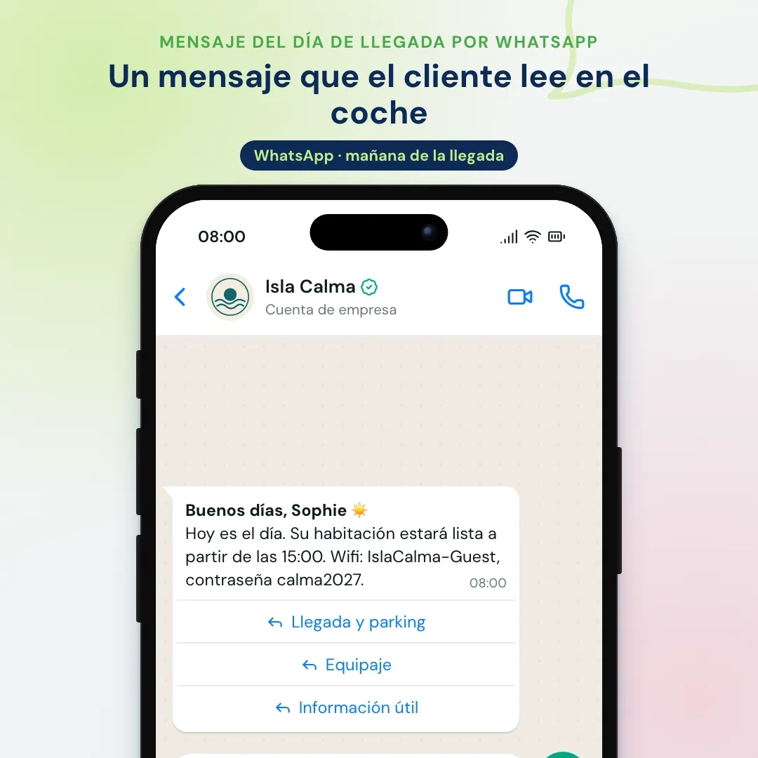 Ejemplo de email marketing para hoteles llevado a WhatsApp: el mensaje del día de llegada en WhatsApp; la clienta avisa de que el vuelo se retrasa y recepción le guarda la cena