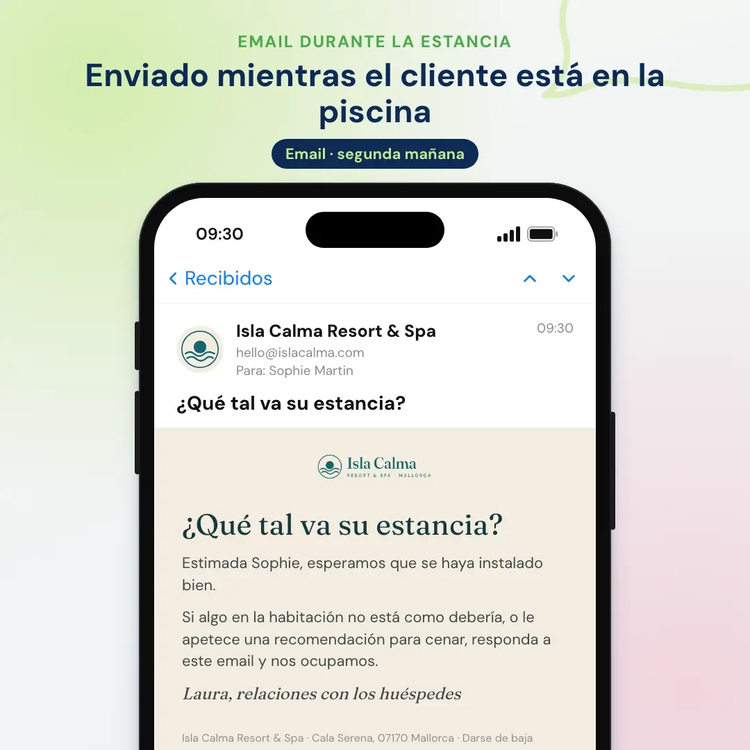 Ejemplo de email marketing para hoteles: el email durante la estancia de un resort de Mallorca, abierto en una app de correo en el móvil