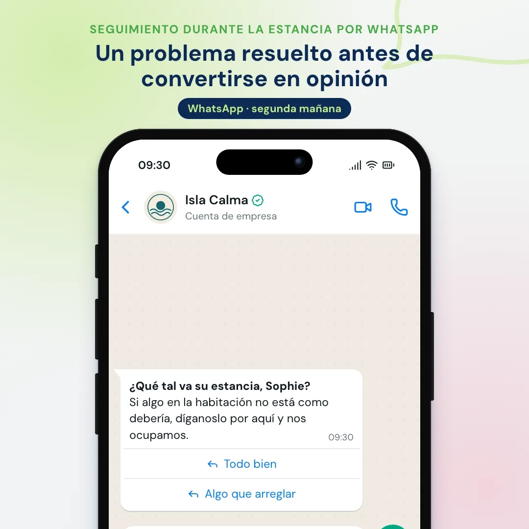 Ejemplo de email marketing para hoteles llevado a WhatsApp: el seguimiento durante la estancia en WhatsApp; la clienta avisa de un aire acondicionado ruidoso y recepción envía a un técnico