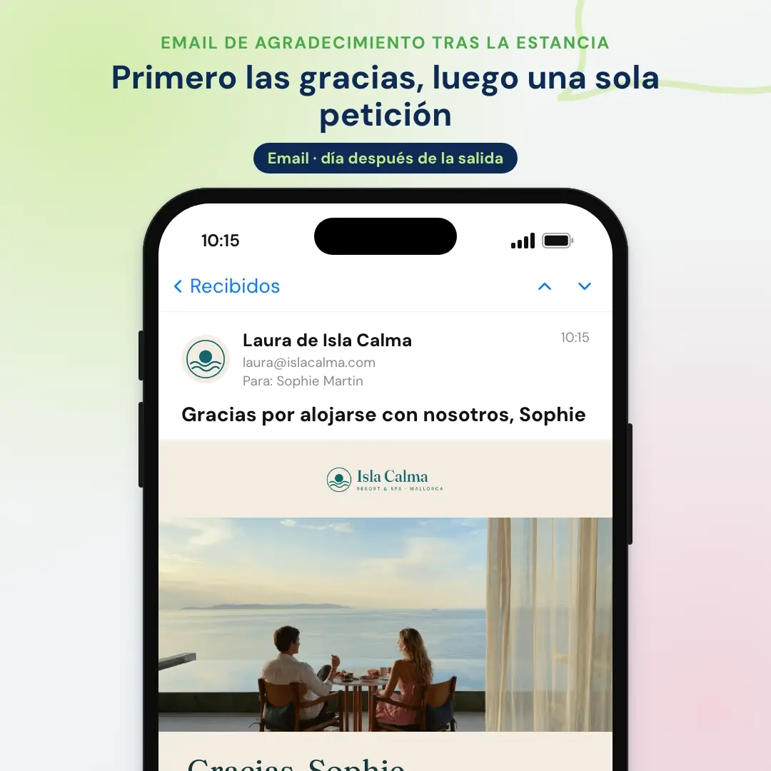 Ejemplo de email marketing para hoteles: el email de agradecimiento tras la estancia con petición de opinión de un resort de Mallorca, abierto en una app de correo en el móvil