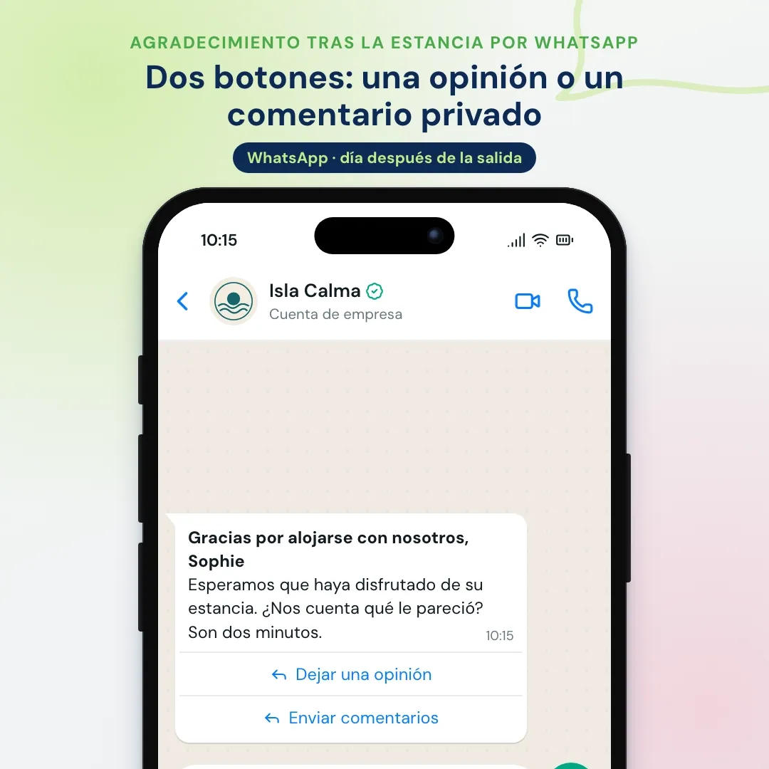Ejemplo de email marketing para hoteles llevado a WhatsApp: el agradecimiento tras la estancia en WhatsApp con botones de opinión y comentarios; la clienta deja un comentario y relaciones con los huéspedes responde