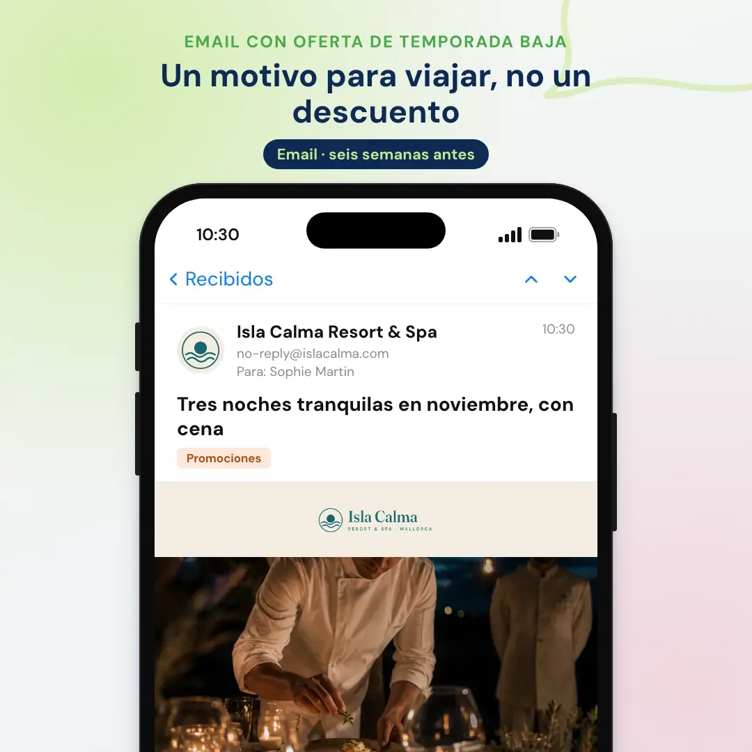 Ejemplo de email marketing para hoteles: el email con oferta de temporada baja de un resort de Mallorca, abierto en una app de correo en el móvil