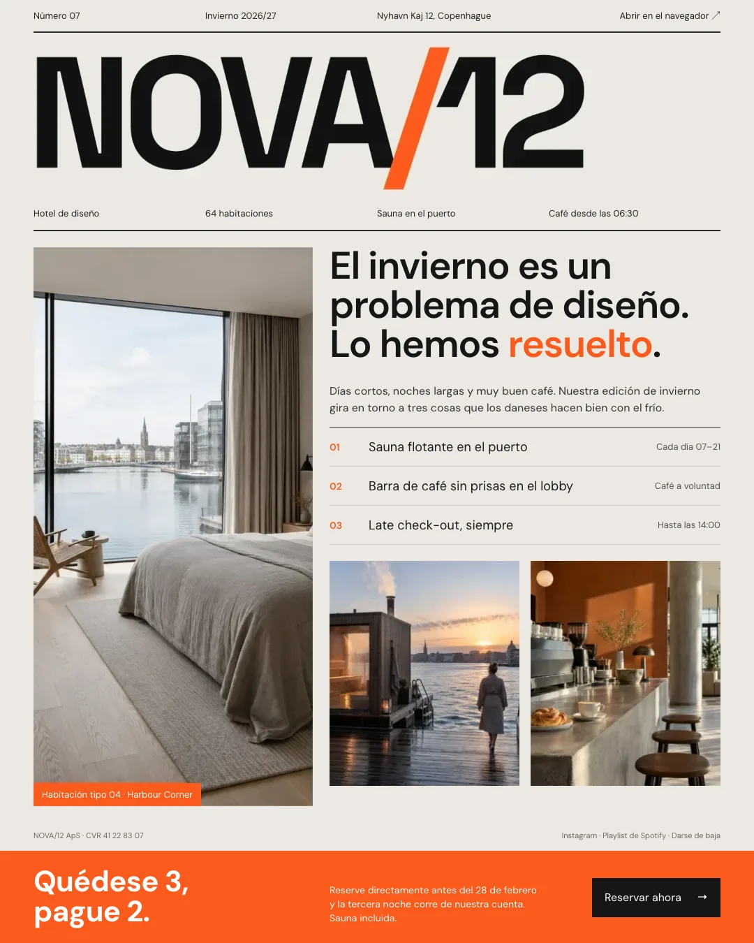 Ejemplo de newsletter de un hotel de diseño de Copenhague: enorme logotipo NOVA/12, foto de una habitación sobre el puerto, lista numerada de tres propuestas de invierno y una franja naranja con la oferta quédese 3, pague 2