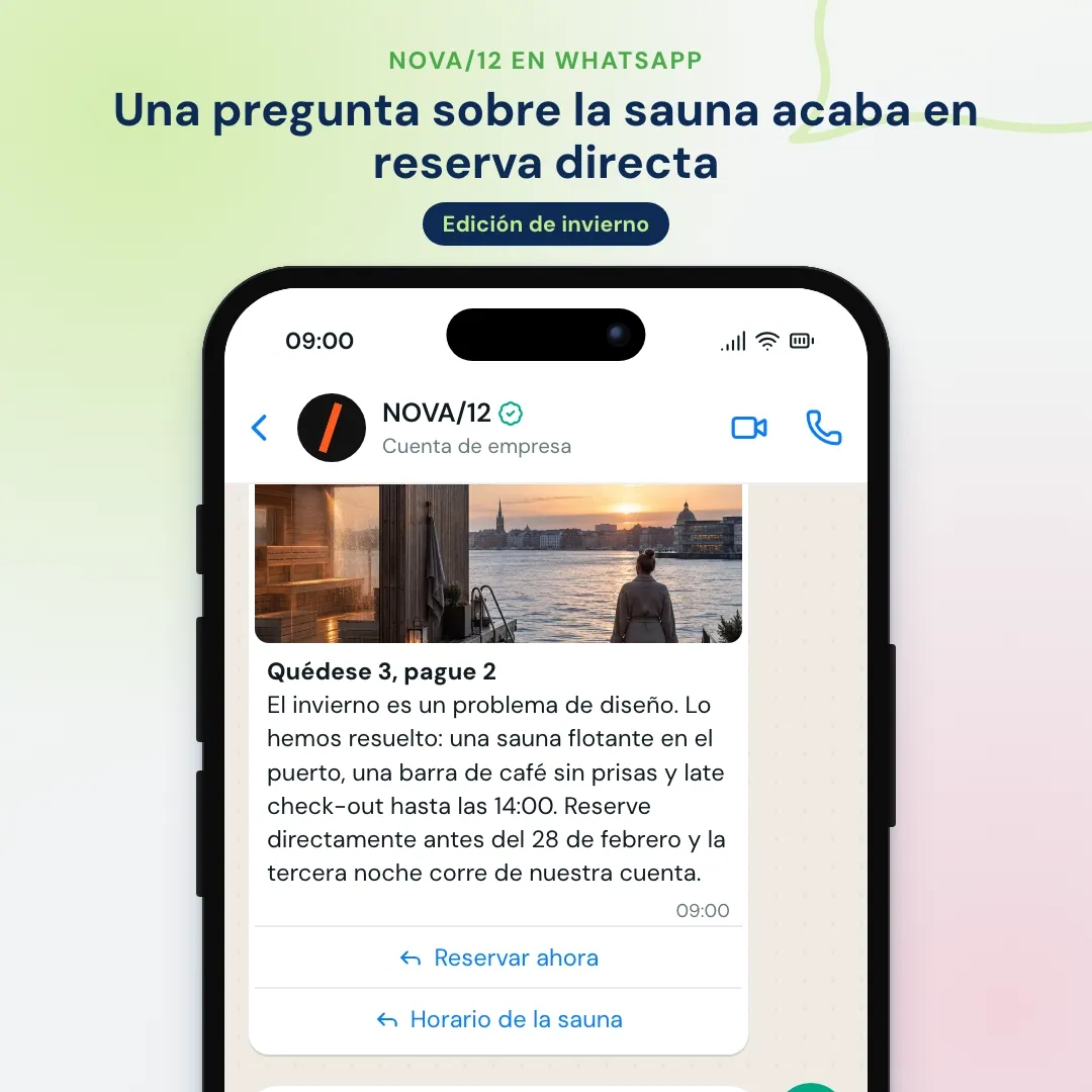 Newsletter de WhatsApp de un hotel de diseño: oferta quédese 3, pague 2 con una foto de la sauna del puerto, el cliente pregunta por el horario de la sauna y la IA responde con el enlace de reserva