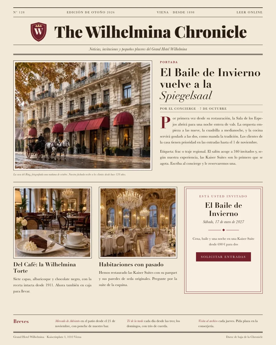 Ejemplo de newsletter de un gran hotel diseñada como un periódico: cabecera The Wilhelmina Chronicle, noticia de portada sobre el Baile de Invierno con capitular y un recuadro con la invitación