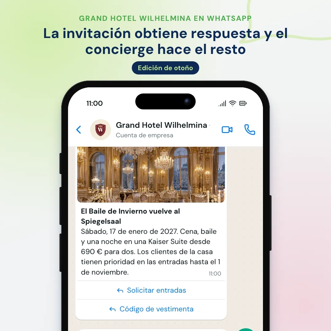 Newsletter de WhatsApp de un gran hotel: invitación al Baile de Invierno con una foto del salón de baile, la IA responde sobre el código de vestimenta y el concierge reserva las entradas y una suite
