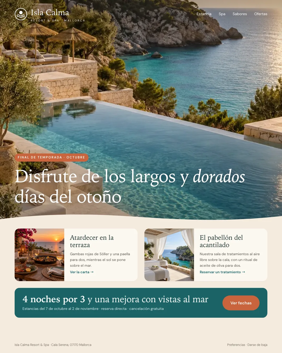 Ejemplo de newsletter de un resort de playa en Mallorca: foto a sangre de una piscina infinita con el titular encima, un separador en forma de ola, dos tarjetas para la cena y el spa y una barra de reserva con la oferta 4 noches por 3