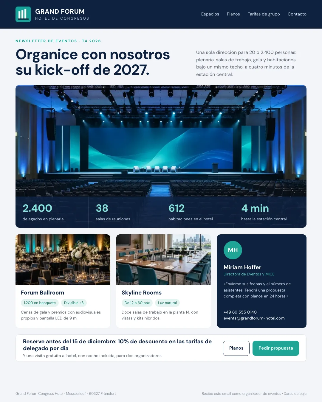 Ejemplo de newsletter de un hotel de congresos para organizadores de eventos: foto del auditorio, cuatro cifras clave, tarjetas del salón de baile y de las salas de trabajo y un contacto de eventos con nombre
