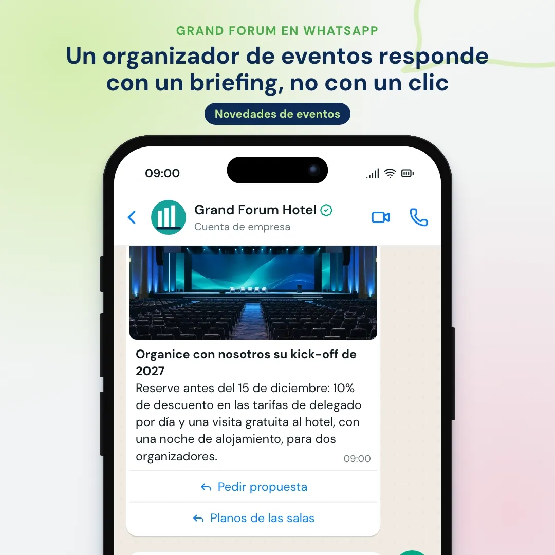 Newsletter de WhatsApp de un hotel de congresos: oferta de kick-off para organizadores de eventos, el organizador responde con un briefing y la directora de eventos propone salas y una visita al hotel