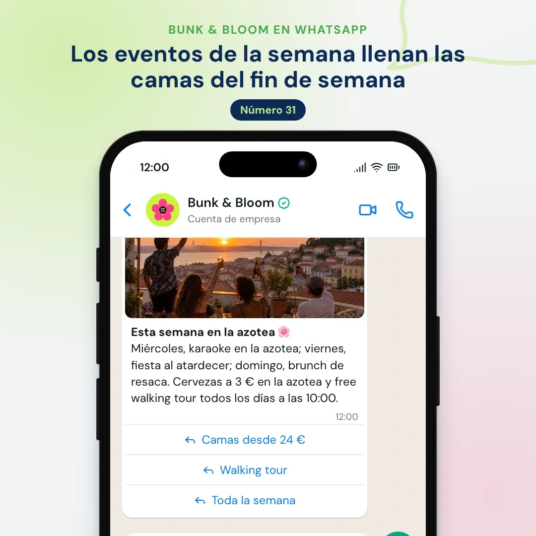 Newsletter de WhatsApp de un hostel: eventos de la semana con una foto del atardecer en la azotea, la IA explica el free walking tour y encuentra camas para el fin de semana