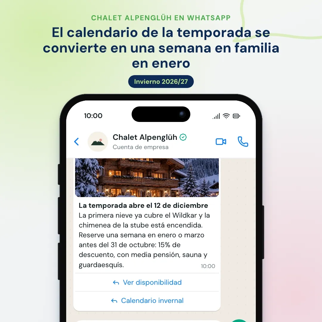 Newsletter de WhatsApp de un chalet: apertura de temporada con una foto del chalet nevado, la IA enumera los eventos de invierno y reservas ofrece una habitación familiar para la semana de las antorchas