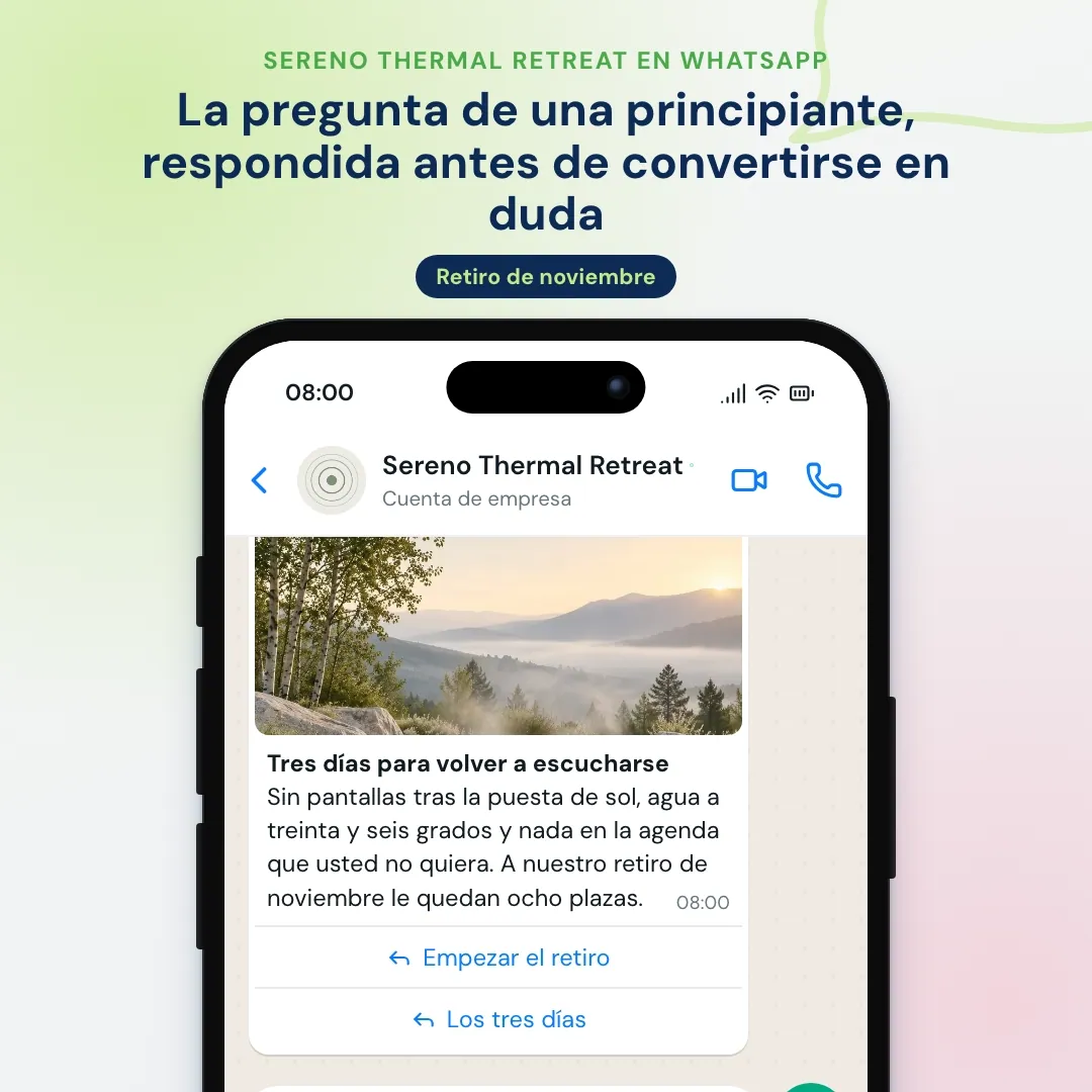 Newsletter de WhatsApp de un retiro de bienestar: retiro de noviembre con una foto de la piscina termal, la IA explica los tres días, tranquiliza a una principiante de yoga y la anfitriona reserva una plaza