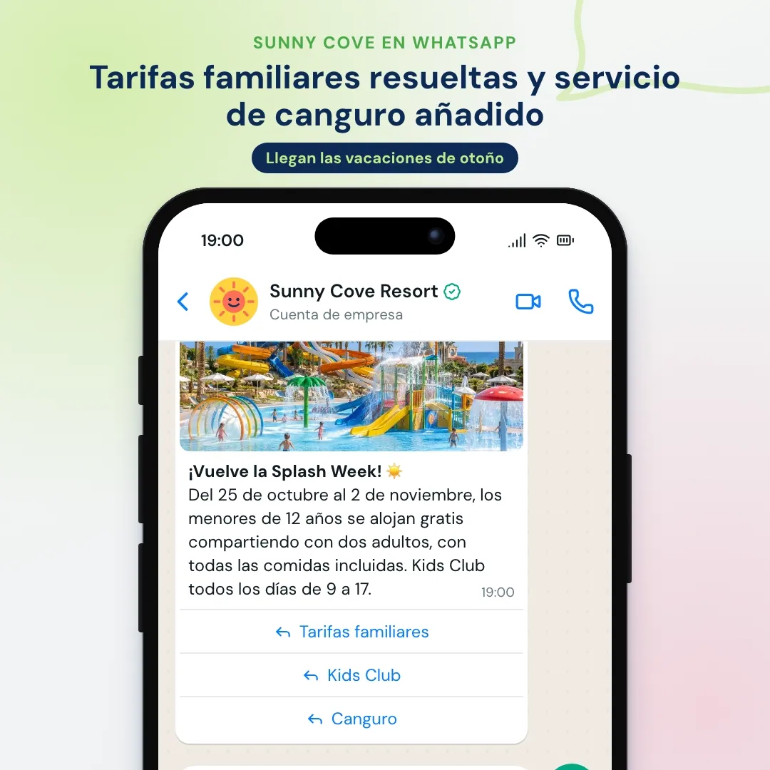 Newsletter de WhatsApp de un resort familiar: oferta de niños gratis con una foto del parque acuático, la IA responde sobre los niños y una cuna, la clienta reserva y el kids club añade el servicio de canguro