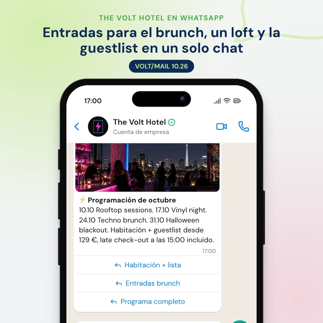 Newsletter de WhatsApp de un hotel lifestyle: programación de octubre con una foto de la azotea, la IA explica el techno brunch y recepción reserva las entradas del brunch y una habitación loft