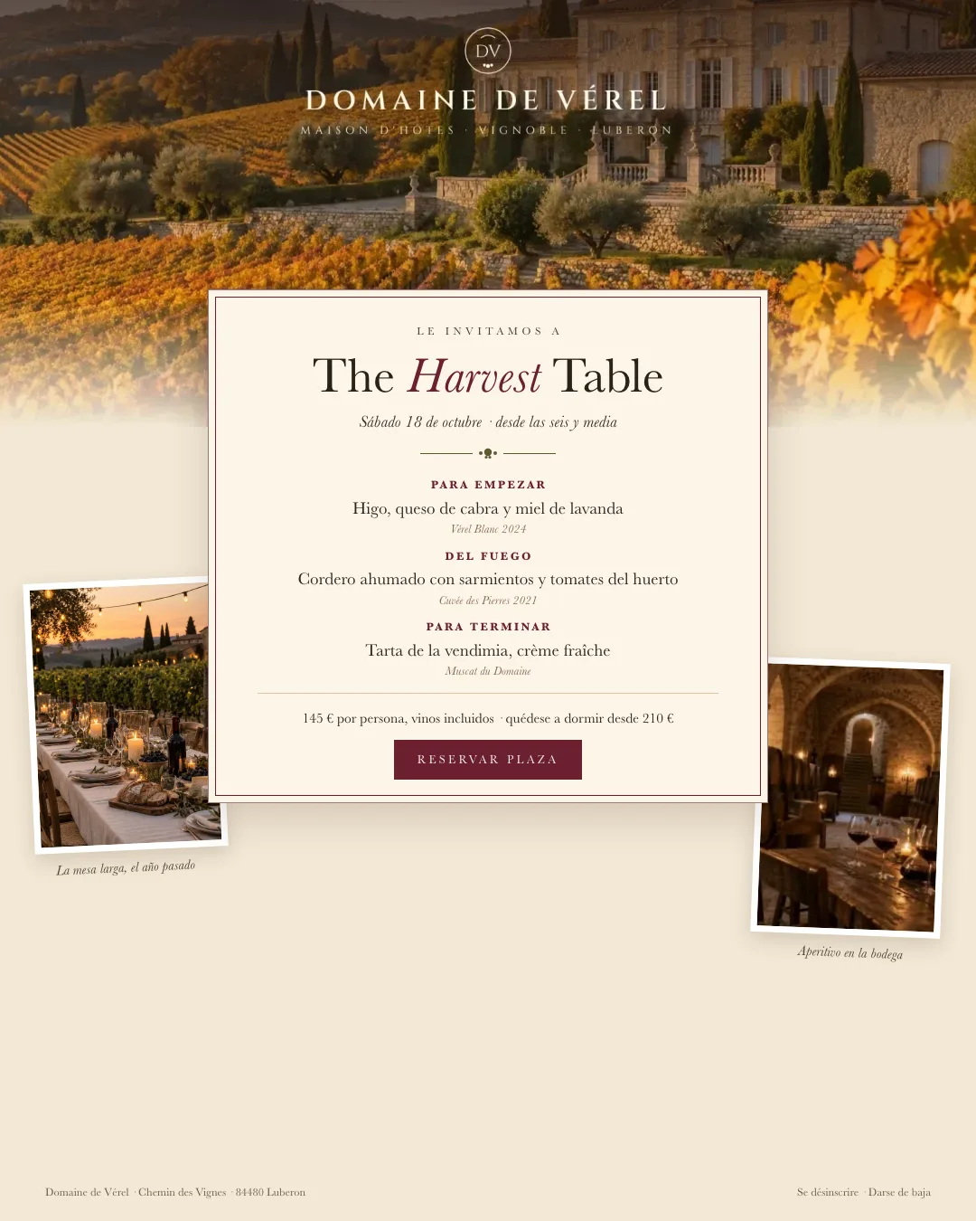 Ejemplo de newsletter de una casa de huéspedes en una finca vinícola: invitación a la cena The Harvest Table sobre una foto de la finca, un menú de tres platos con maridaje de vinos, el precio por persona y fotos tipo polaroid