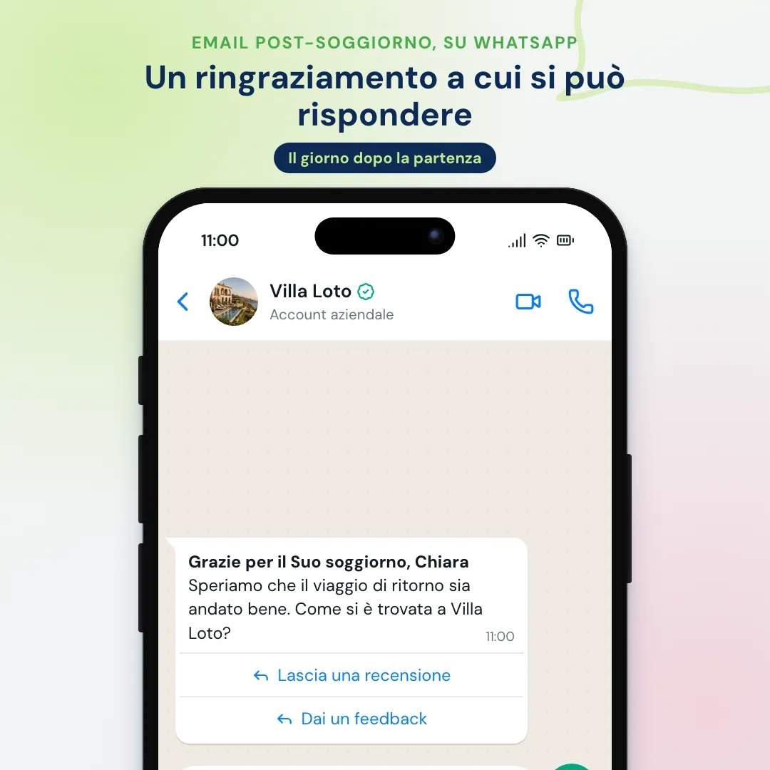 Esempio di email post-soggiorno dell'hotel come ringraziamento WhatsApp con pulsanti per recensione e feedback; l'hotel risponde al cliente