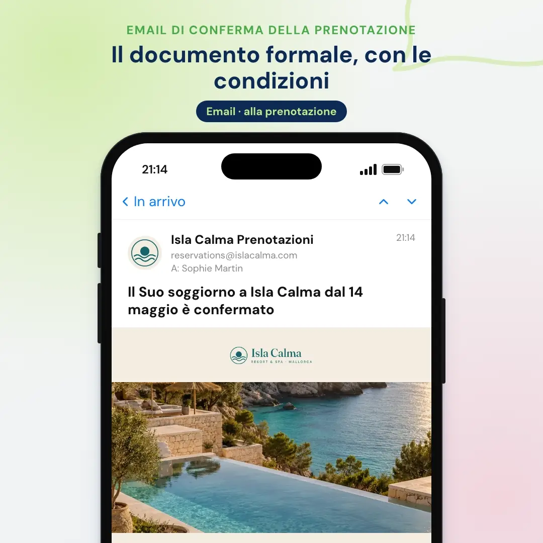 Esempio di email marketing per hotel: l'email di conferma della prenotazione di un resort a Maiorca, aperta in un'app di posta sul telefono