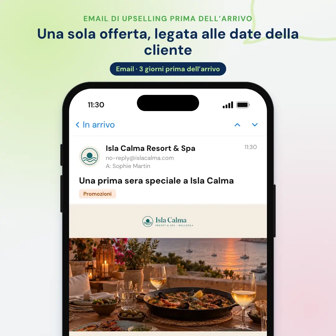 Esempio di email marketing per hotel: l'email di upselling prima dell'arrivo di un resort a Maiorca, aperta in un'app di posta sul telefono