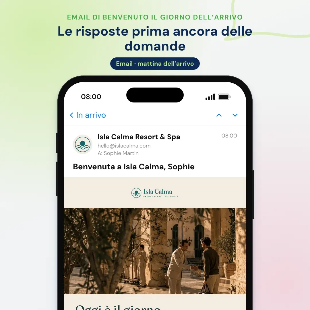 Esempio di email marketing per hotel: l'email di benvenuto del giorno d'arrivo di un resort a Maiorca, aperta in un'app di posta sul telefono
