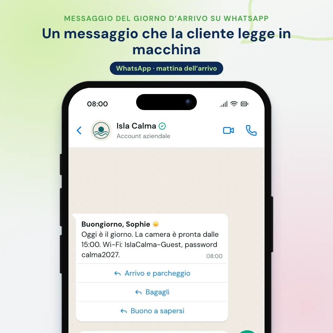 Esempio di email marketing per hotel portato su WhatsApp: il messaggio del giorno d'arrivo su WhatsApp; la cliente avvisa che il volo è in ritardo e il front office le tiene da parte la cena