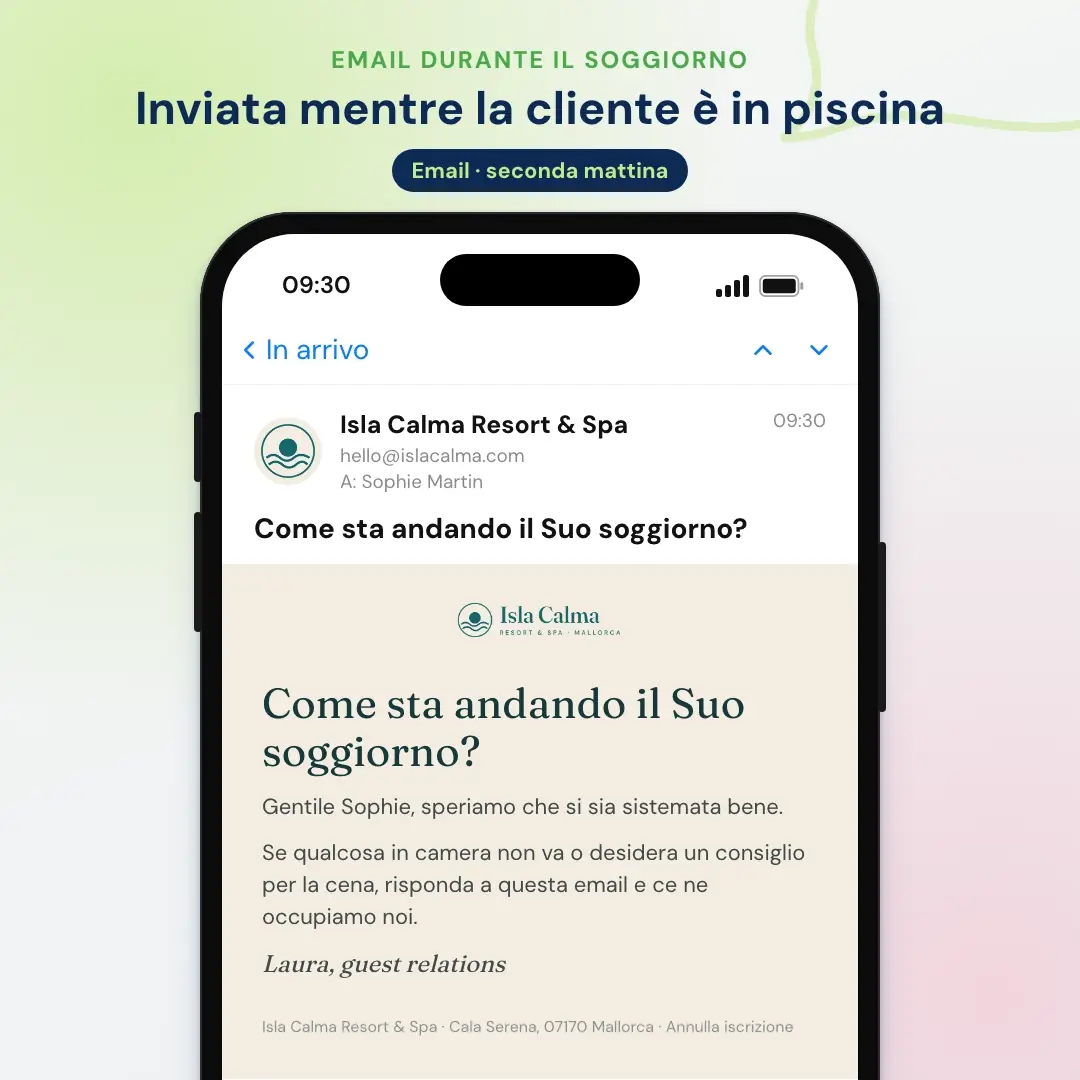 Esempio di email marketing per hotel: l'email durante il soggiorno di un resort a Maiorca, aperta in un'app di posta sul telefono