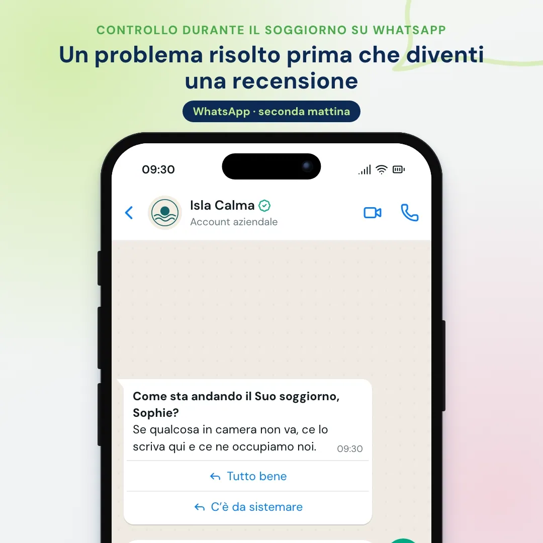 Esempio di email marketing per hotel portato su WhatsApp: il controllo durante il soggiorno su WhatsApp; la cliente segnala un condizionatore rumoroso e il front office manda un tecnico