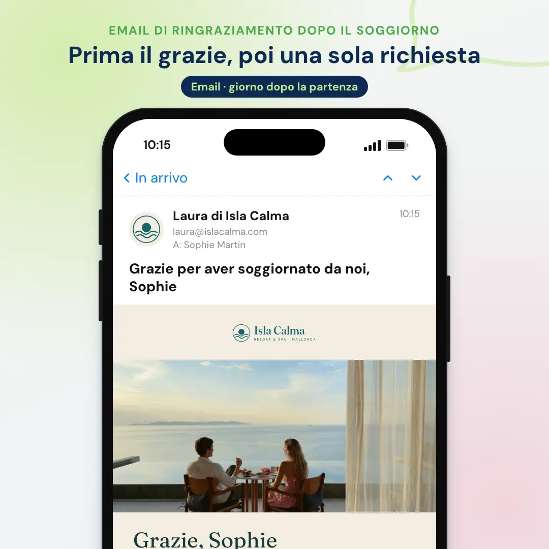 Esempio di email marketing per hotel: l'email di ringraziamento dopo il soggiorno con richiesta di recensione di un resort a Maiorca, aperta in un'app di posta sul telefono