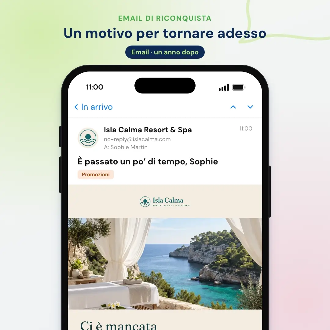 Esempio di email marketing per hotel: l'email per riconquistare chi non torna da tempo di un resort a Maiorca, aperta in un'app di posta sul telefono