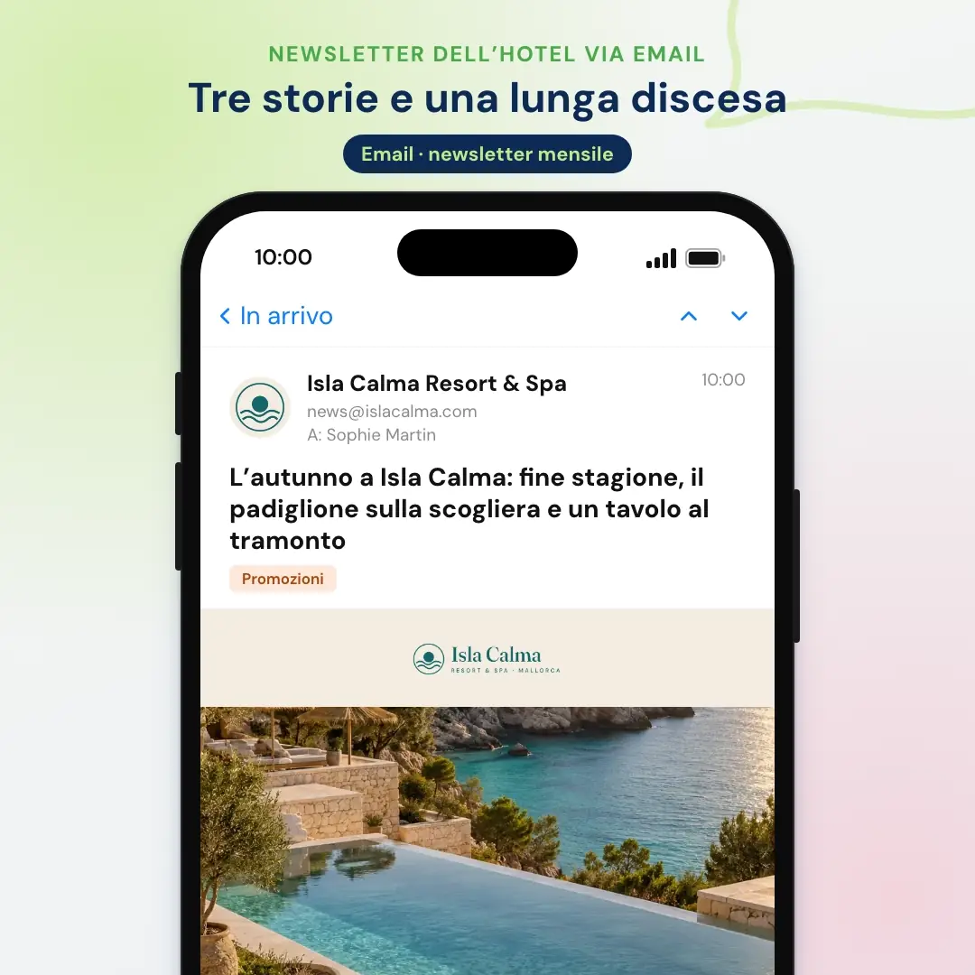 Esempio di email marketing per hotel: la newsletter via email di un resort a Maiorca, aperta in un'app di posta sul telefono