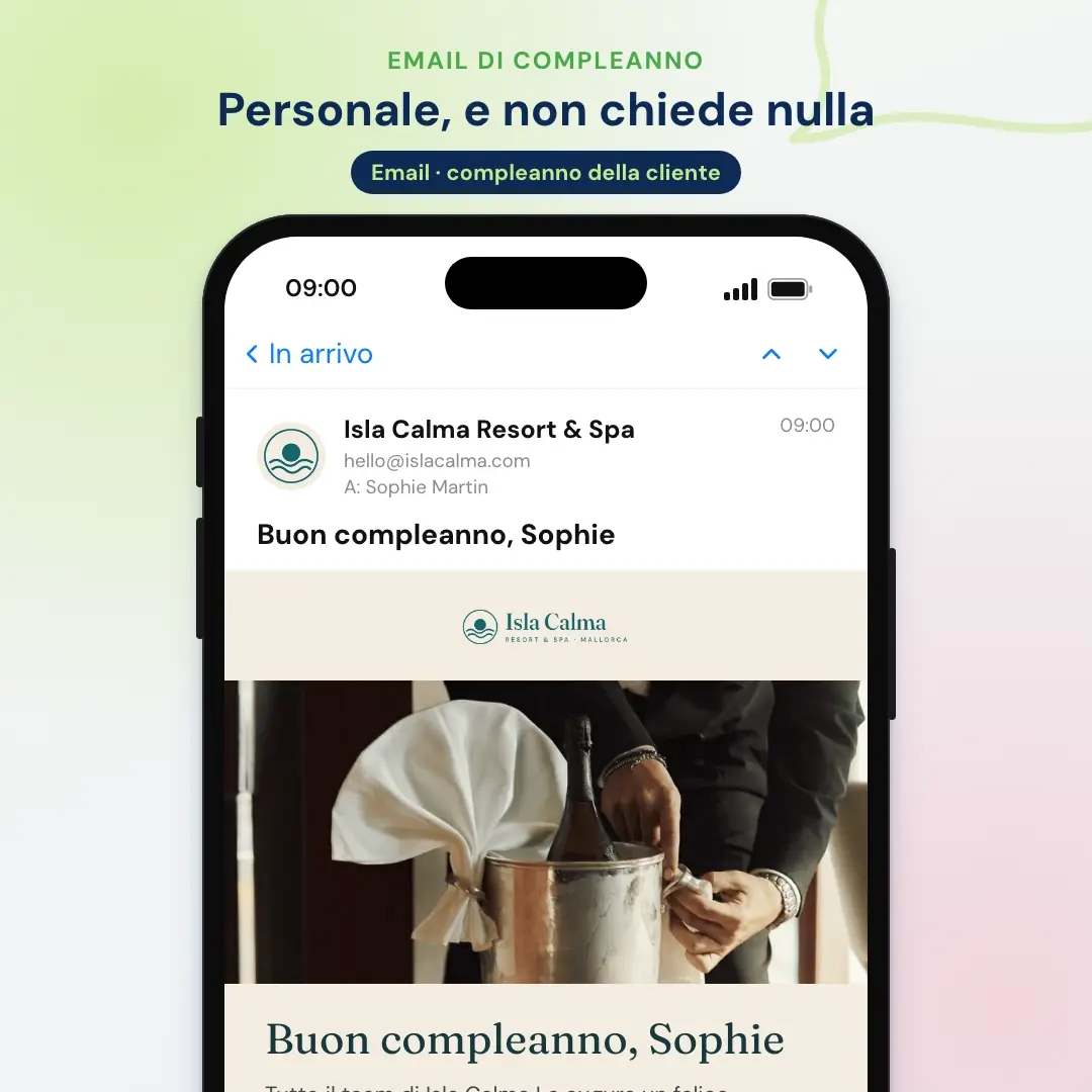 Esempio di email marketing per hotel: l'email di compleanno di un resort a Maiorca, aperta in un'app di posta sul telefono