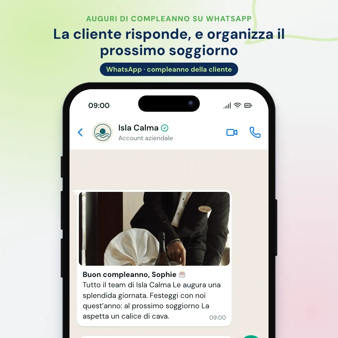 Esempio di email marketing per hotel portato su WhatsApp: gli auguri di compleanno su WhatsApp; la cliente risponde che pensa di tornare e la guest relations propone la stessa camera