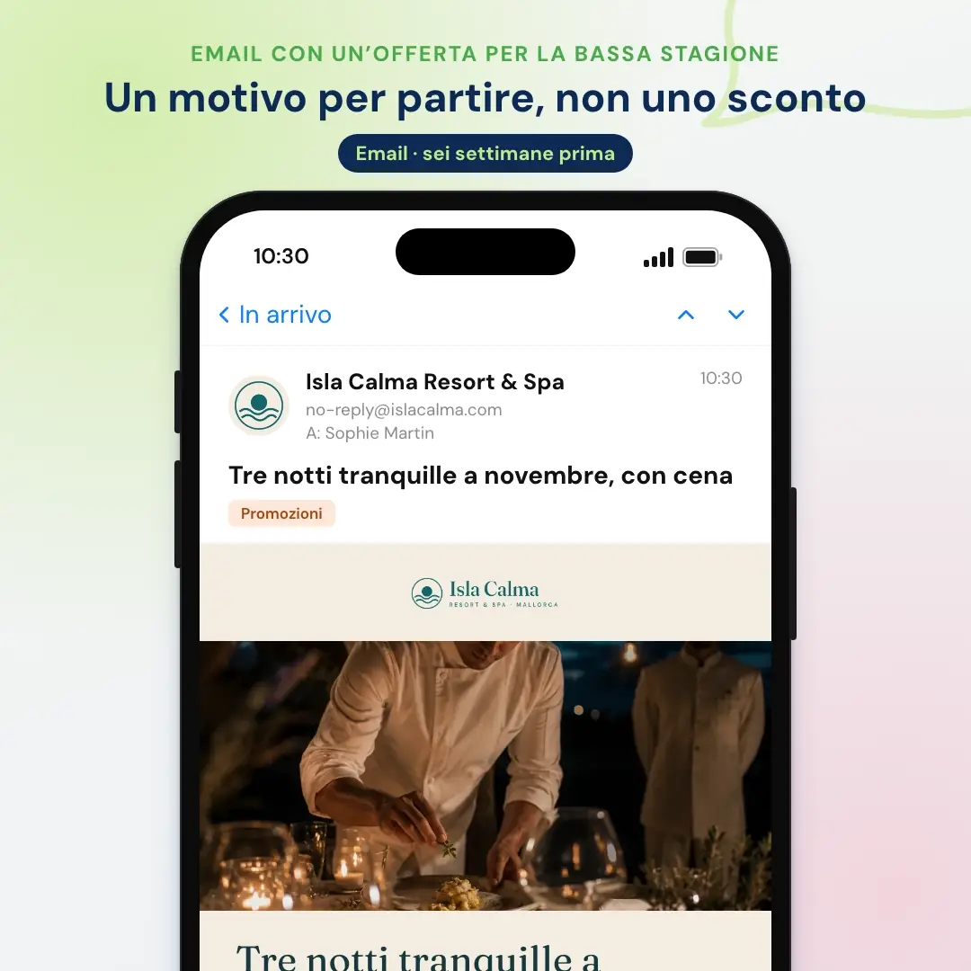 Esempio di email marketing per hotel: l'email con un'offerta per la bassa stagione di un resort a Maiorca, aperta in un'app di posta sul telefono