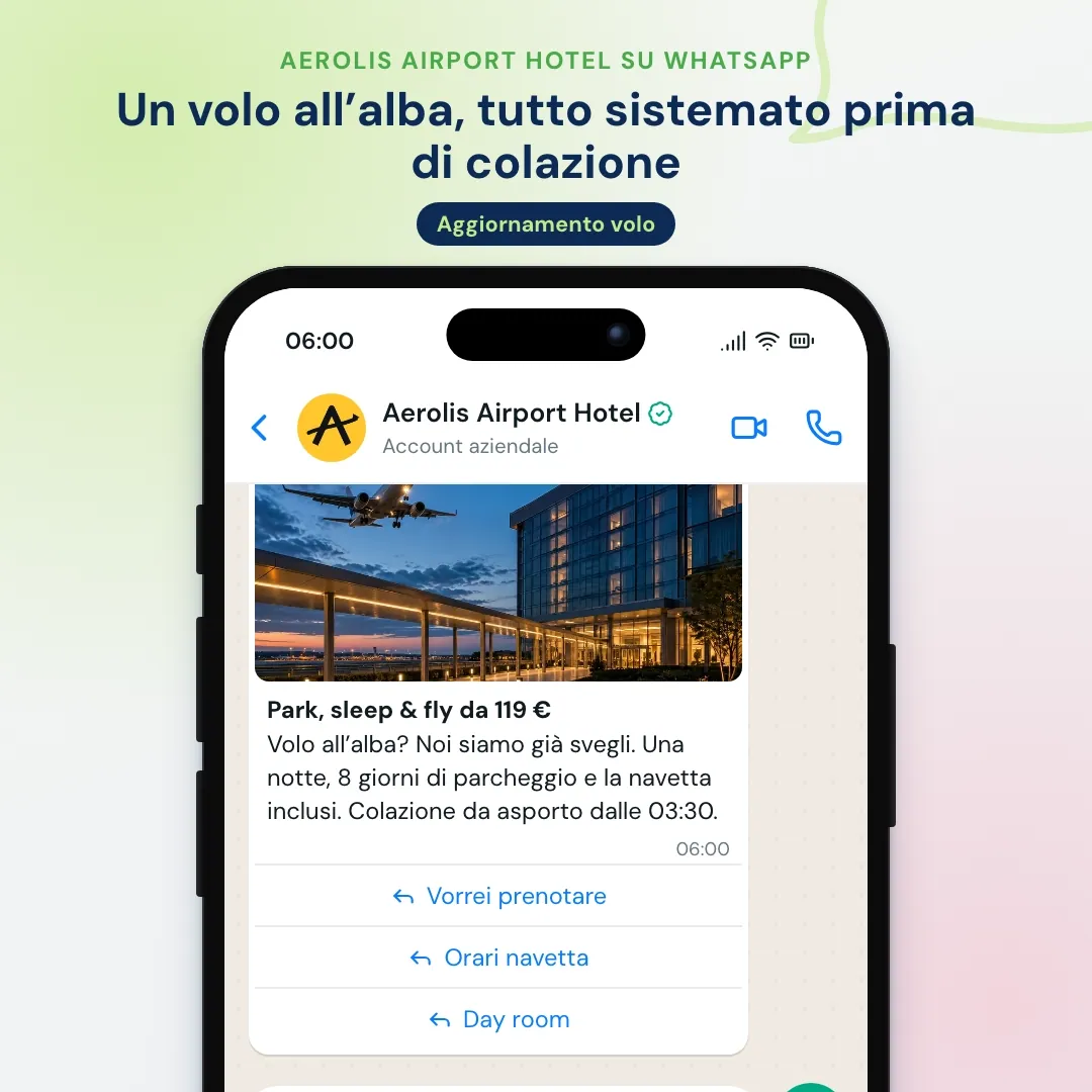Newsletter WhatsApp di un hotel aeroportuale: offerta park, sleep and fly, l'IA risponde sugli orari della navetta e sulla colazione all'alba e invia il link di prenotazione