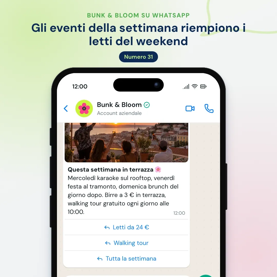 Newsletter WhatsApp di un ostello: eventi della settimana con la foto del tramonto in terrazza, l'IA spiega il walking tour gratuito e trova letti per il weekend