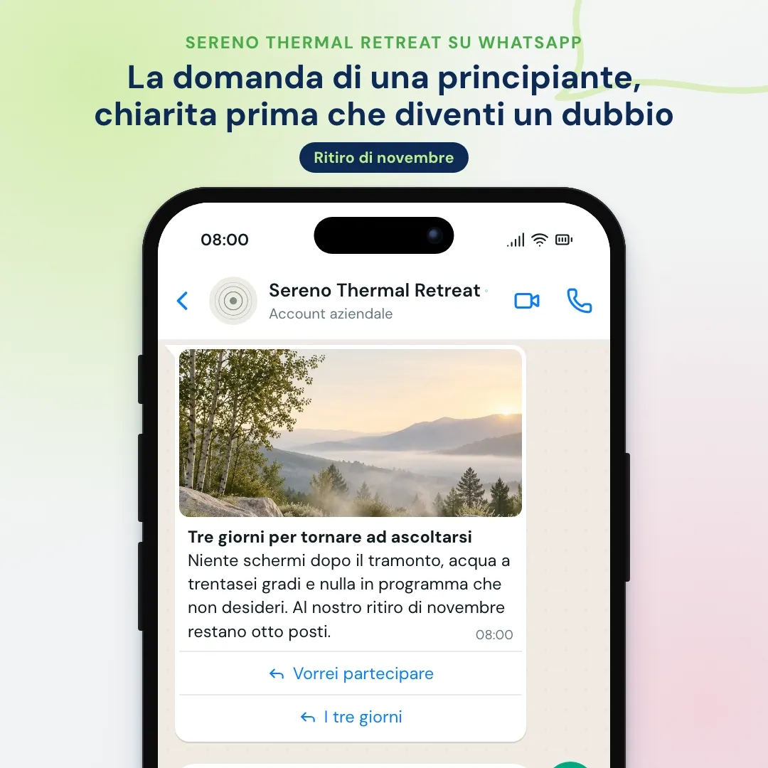 Newsletter WhatsApp di un ritiro benessere: ritiro di novembre con la foto della piscina termale, l'IA spiega i tre giorni, rassicura una principiante di yoga e la referente del ritiro riserva un posto
