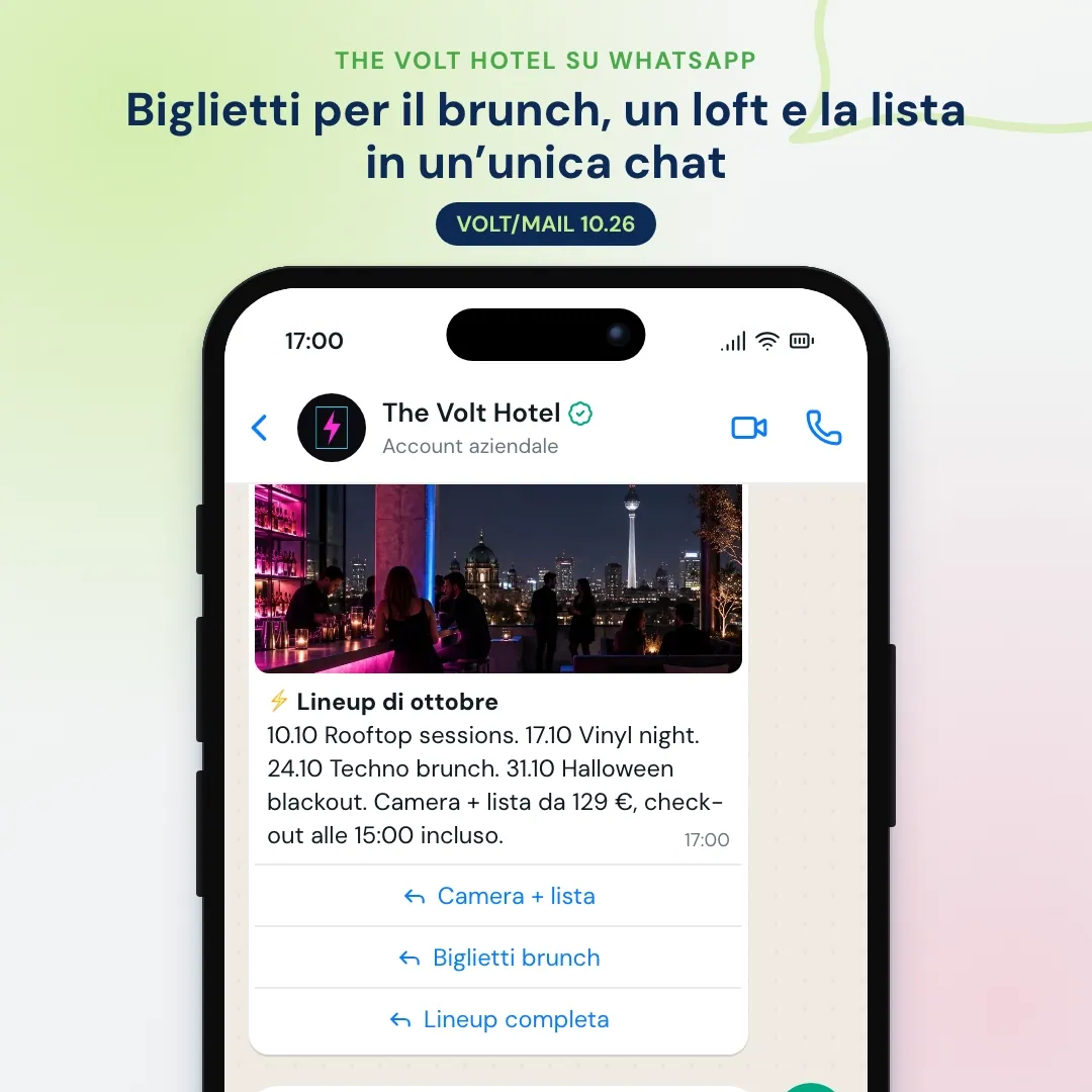 Newsletter WhatsApp di un lifestyle hotel: lineup di ottobre con la foto della terrazza, l'IA spiega il techno brunch e la reception prenota i biglietti del brunch e una camera loft
