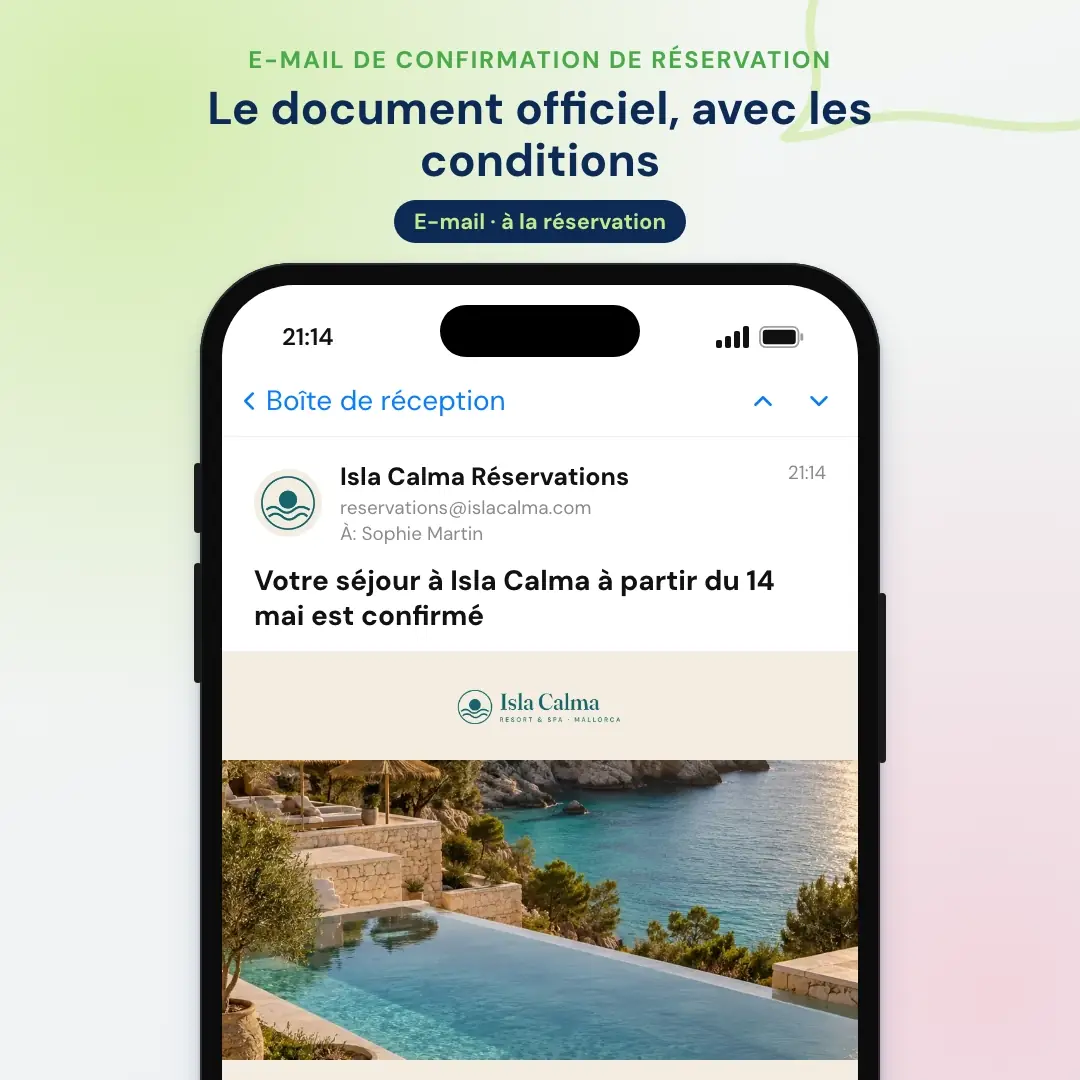 Exemple d’e-mail marketing pour hôtel : l’e-mail de confirmation de réservation d’un resort de Majorque, ouvert dans une application de messagerie sur mobile