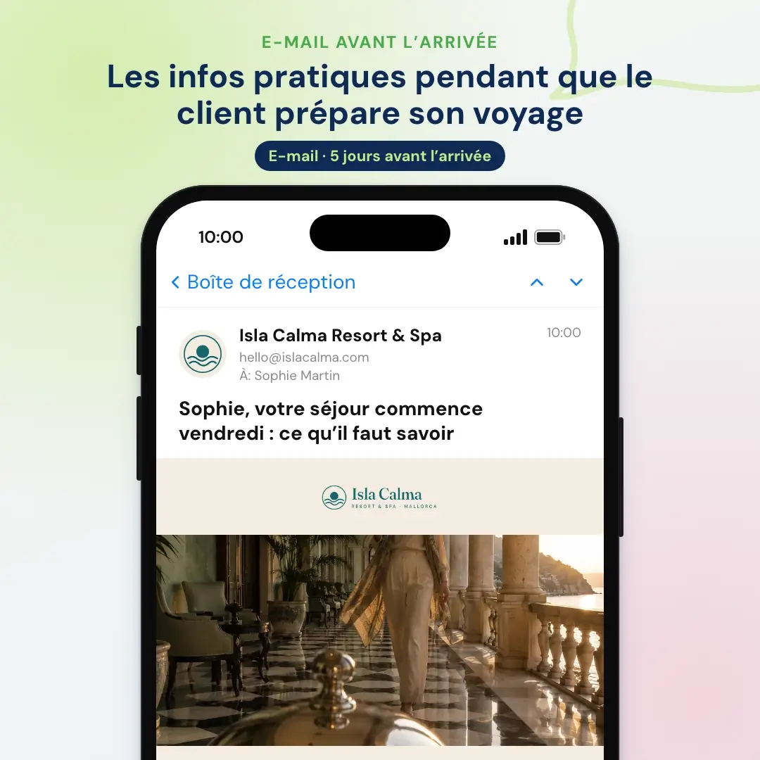 Exemple d’e-mail marketing pour hôtel : l’e-mail avant l’arrivée d’un resort de Majorque, ouvert dans une application de messagerie sur mobile