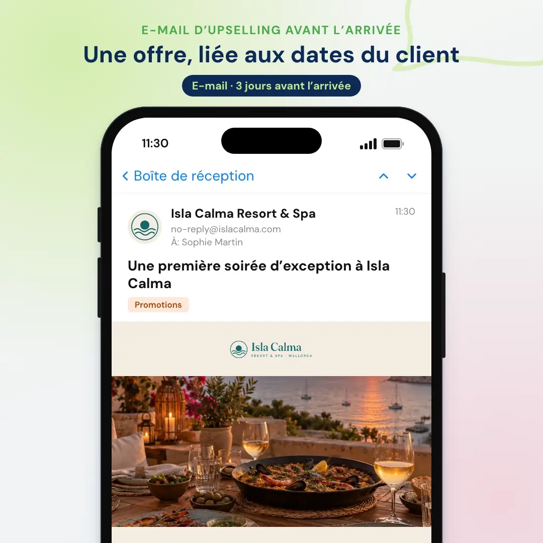 Exemple d’e-mail marketing pour hôtel : l’e-mail d’upselling avant l’arrivée d’un resort de Majorque, ouvert dans une application de messagerie sur mobile