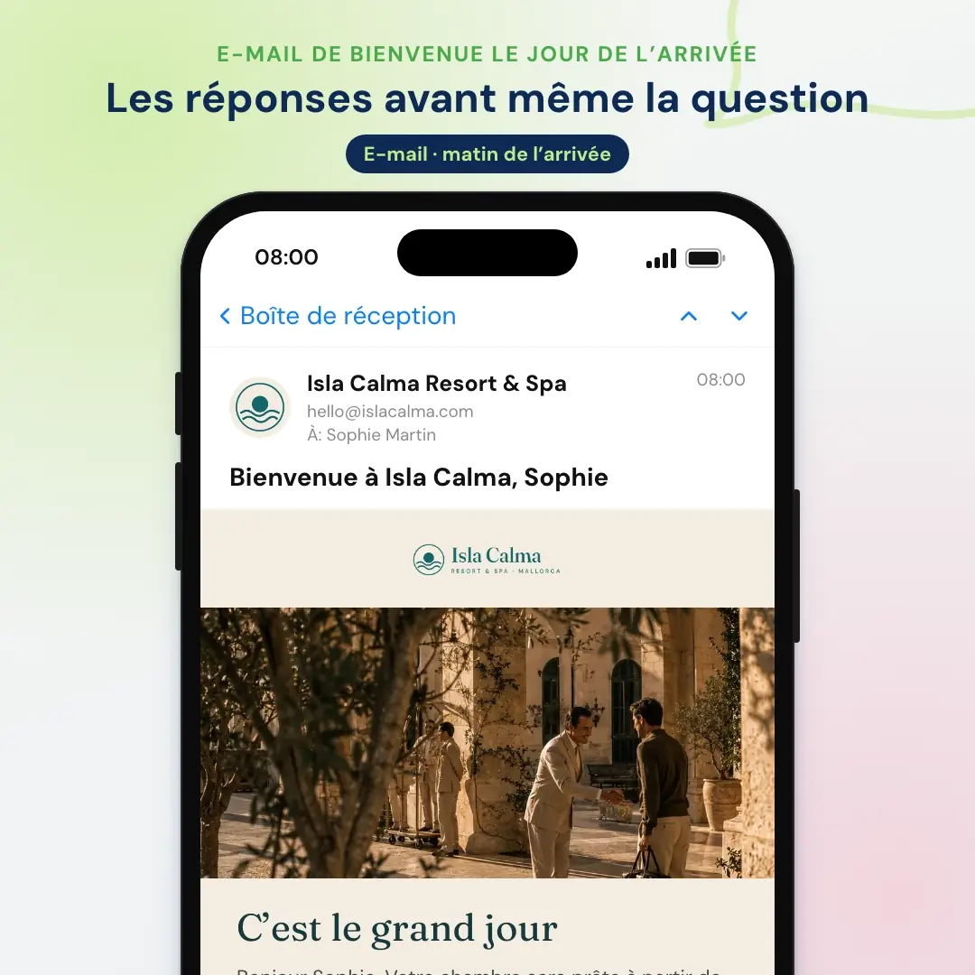 Exemple d’e-mail marketing pour hôtel : l’e-mail de bienvenue le jour de l’arrivée d’un resort de Majorque, ouvert dans une application de messagerie sur mobile