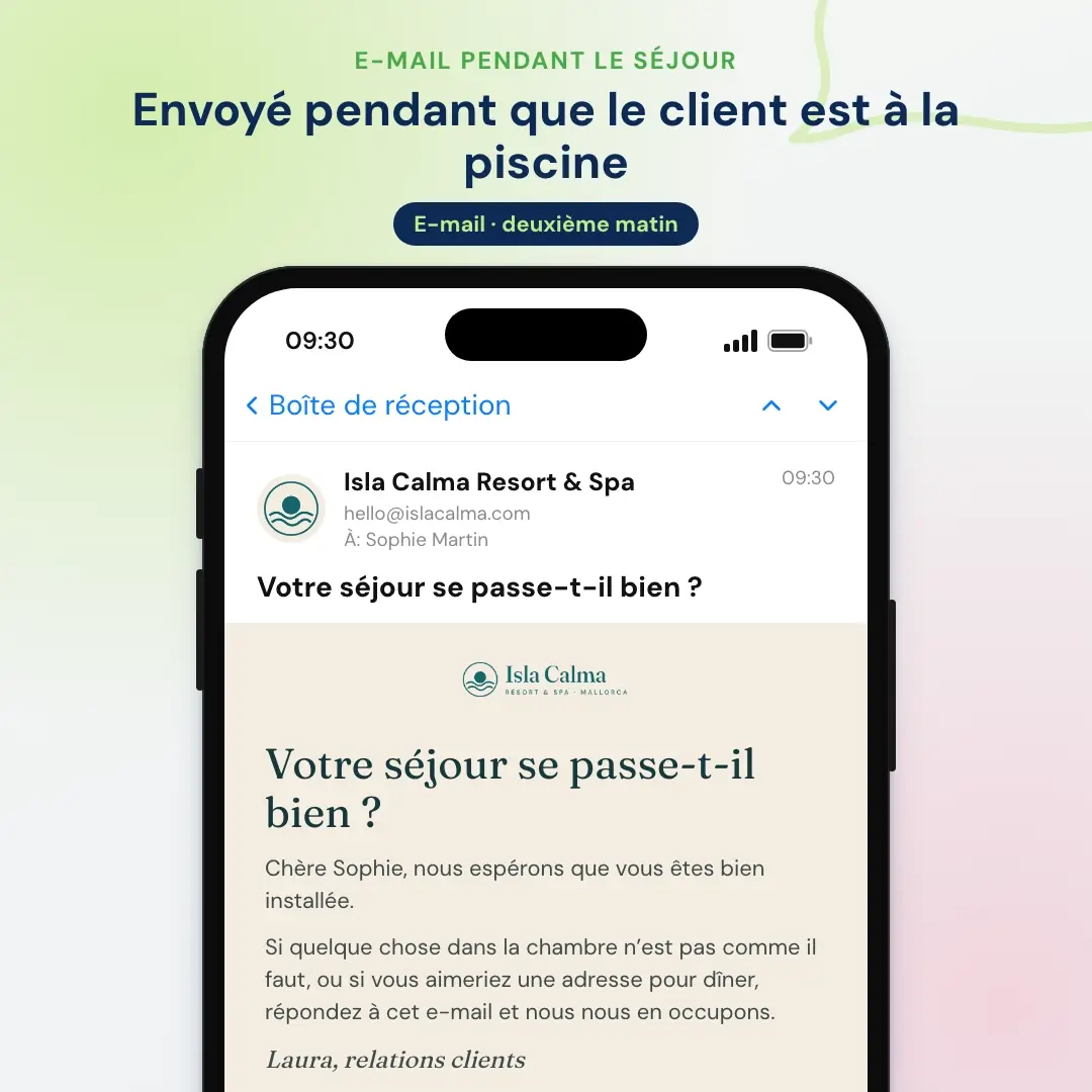Exemple d’e-mail marketing pour hôtel : l’e-mail pendant le séjour d’un resort de Majorque, ouvert dans une application de messagerie sur mobile