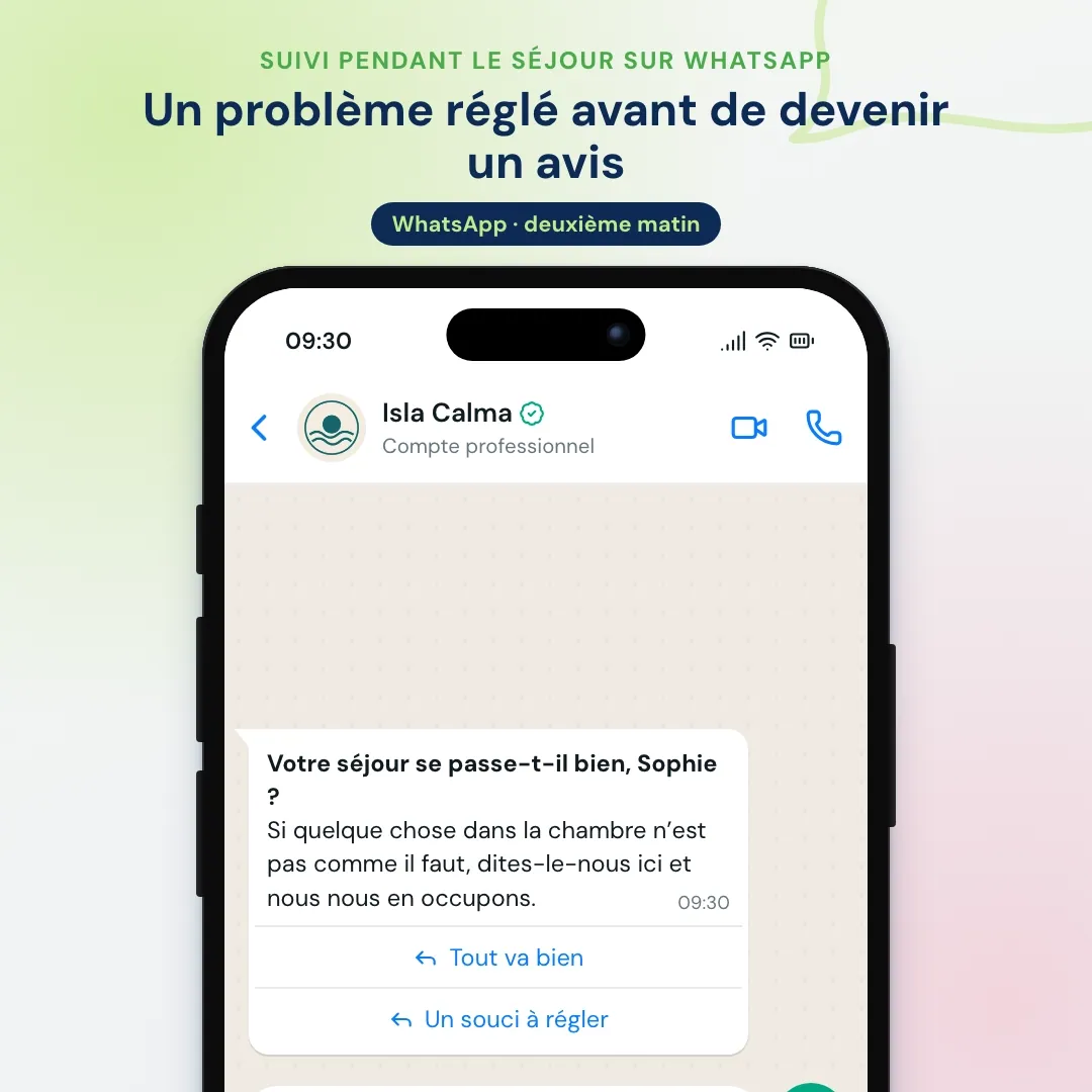 Exemple d’e-mail marketing pour hôtel transposé sur WhatsApp : le suivi pendant le séjour sur WhatsApp ; la cliente signale une climatisation bruyante et la réception envoie un technicien