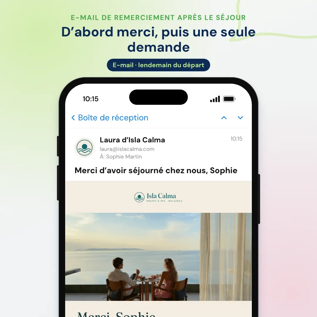 Exemple d’e-mail marketing pour hôtel : l’e-mail de remerciement après le séjour avec demande d’avis d’un resort de Majorque, ouvert dans une application de messagerie sur mobile
